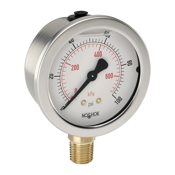 Pressure Gauge, 2.5" 304SS Case, Copper Alloy Internals, 300 psi/kPa, 1/4 NPT Male Back Conn, Glycerin Filled, Panel Mount Clamp